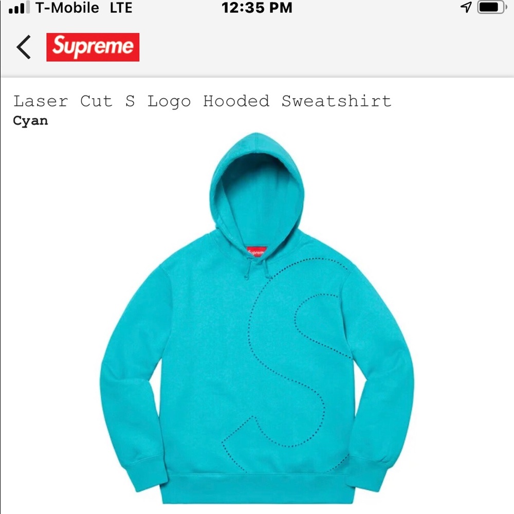 Supreme “s” logo hoodie cyan size large